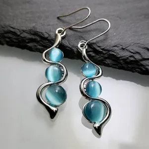 Women Blue Opal Earrings Elegant Drop Dangle Bohemian Cat Eye Stone Wavy Statement Earrings for ​Fashion Wedding Party Jewelry 9