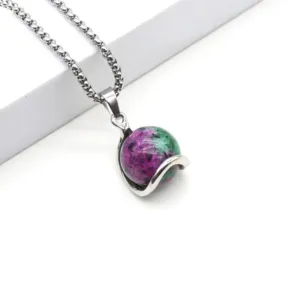 Natural Stone Round Gemstone Pendant Necklace - Vibrant Assortment - Epidote
