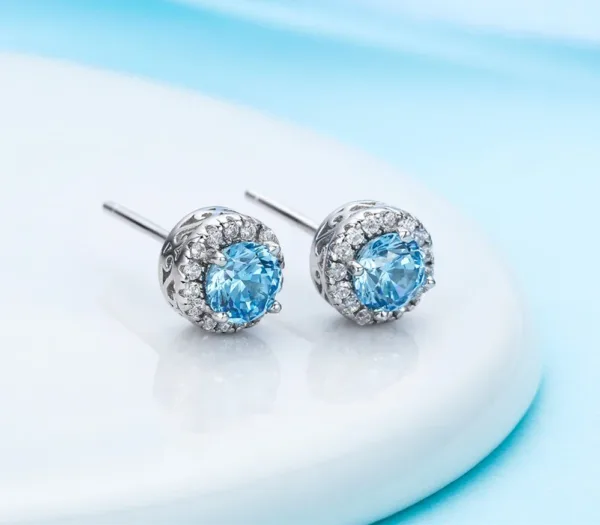 Sea Blue CZ 925 Sterling Silver Stud Earrings - Image 5