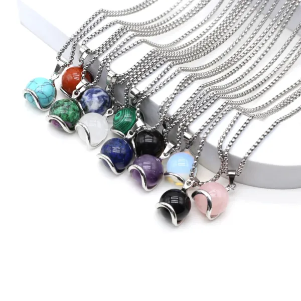 Natural Stone Round Gemstone Pendant Necklace - Vibrant Assortment - Image 2