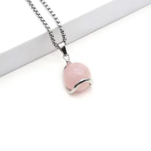 Natural Stone Round Gemstone Pendant Necklace - Vibrant Assortment - Rose Quartz