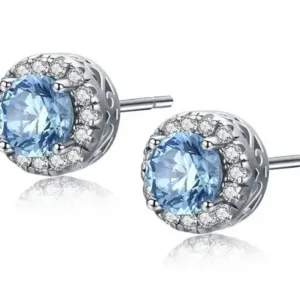 Sea Blue CZ 925 Sterling Silver Stud Earrings - Sea Blue CZ