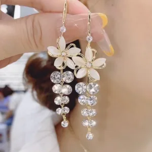 Crystal Flower Tassel Drop Earrings 