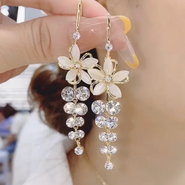 Crystal Flower Tassel Drop Earrings 