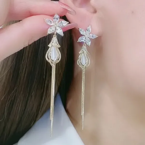 Crystal Flower Tassel Drop Earrings 