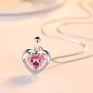 Anti-allergic Real 925 Silver Pink Heart Crystal CZ Pendant&Necklace Women Romantic Wedding Jewelry With 45cm Chain &Gift Bag - Pink and 45cm Chain