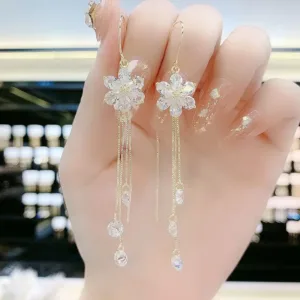 Crystal Flower Tassel Drop Earrings 