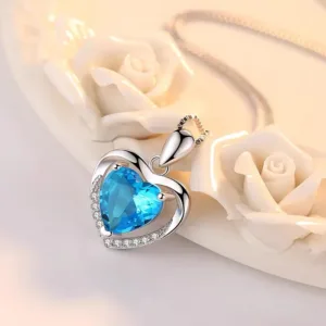Anti-allergic Real 925 Silver Pink Heart Crystal CZ Pendant&Necklace Women Romantic Wedding Jewelry With 45cm Chain &Gift Bag - Blue and 45cm Chain