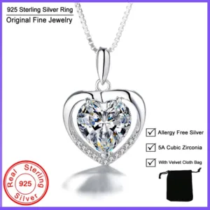 Anti-allergic Real 925 Silver Pink Heart Crystal CZ Pendant&Necklace Women Romantic Wedding Jewelry With 45cm Chain &Gift Bag - White and 45cm Chain