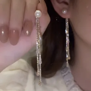 Korean Long Tassel Pearl Dangle Earrings for Women Luxury Full Rhinestone Gold Color Drop Earrings Wedding Party Jewelry Gift - Gold-02
