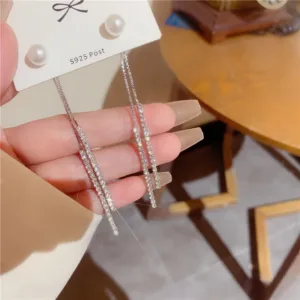 Korean Long Tassel Pearl Dangle Earrings for Women Luxury Full Rhinestone Gold Color Drop Earrings Wedding Party Jewelry Gift - Silver-09