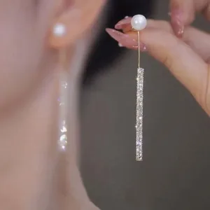 Korean Long Tassel Pearl Dangle Earrings for Women Luxury Full Rhinestone Gold Color Drop Earrings Wedding Party Jewelry Gift - Gold-01