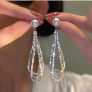 Korean Long Tassel Pearl Dangle Earrings for Women Luxury Full Rhinestone Gold Color Drop Earrings Wedding Party Jewelry Gift - Gold-10