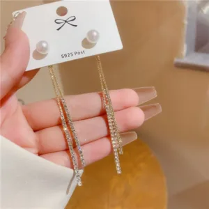 Korean Long Tassel Pearl Dangle Earrings for Women Luxury Full Rhinestone Gold Color Drop Earrings Wedding Party Jewelry Gift - Gold-09